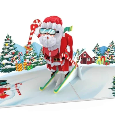 Afbeelding van papercrush® Pop upkaart Kerstman op ski&#039;s grappige 3D kerstkaart voor mannen (echtgenoot, vriend, papa), Vrolijk skiërs als geldcadeau, reisvoucher skivakantie