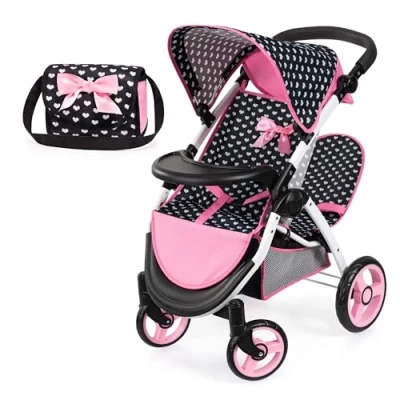 Afbeelding van Tweeling poppenwagen Twin Xeo, dubbele poppenwagen, verstelbare duwstang, tas in zwart/wit/roze