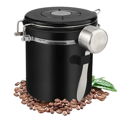Afbeelding van Koffiebonenhouder (1,5 l), luchtdicht, uitgerust met lepel, van roestvrij staal, om levensmiddelen vers te houden, geschikt voor het bewaren koffiebonen, specerijen en noten (zwart)