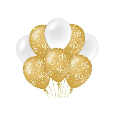Afbeelding van Ballonnen 50 jaar Wit/Goud per 8 stuks