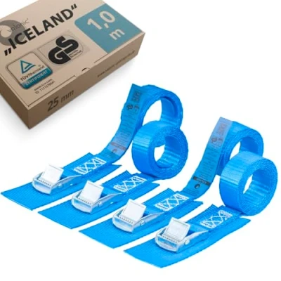 Afbeelding van valonic ICELAND spanbanden kort, TÜV Rheinl. / GS gecertificeerd, met pad, 1m, 25mm, 250kg, EN 12195 2 4 stuks spanband klemslot voor fietsendrager, fiets, kajak, blauw