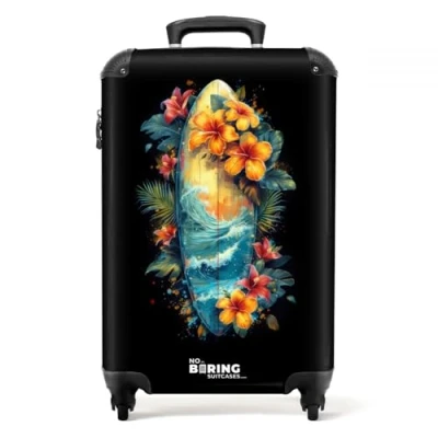 Afbeelding van NoBoringSuitcases.com® Handbagage koffer lichtgewicht Reiskoffer trolley Surfplank omringd door bloemen Rolkoffer met wieltjes Past binnen 55x40x20 en 55x35x25