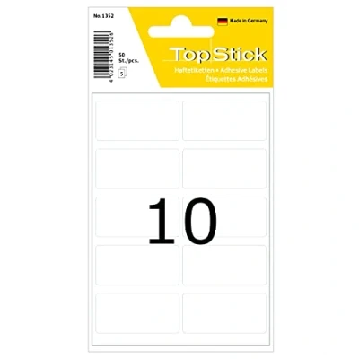 Afbeelding van TopStick 1352 huishou etiketten (19 x 40 mm, 5 velles, papier, mat) zelfklevend, permanente klevende multifunctionele voor handschrift, 50 etiketten, wit