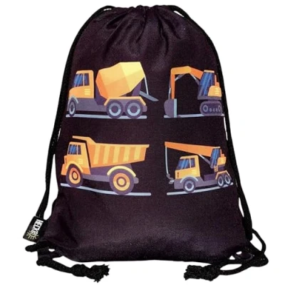 Afbeelding van HECKBO Kids Jongens Gymtas zwart, aan beide zijden bedrukt met 8 bouwvoertuigen voor kleuterschool, crèche, reizen, sport rugzak, speeltas, gymtas, schoenentas