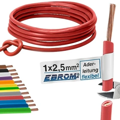 Afbeelding van Aderleiding bedrading kabel enkele ader flexibel, PVC H07V K 2,5 mm² kleur: rood vele lengtes leverbaar in stappen van 5 meter, uw lengte: 15 m mm2
