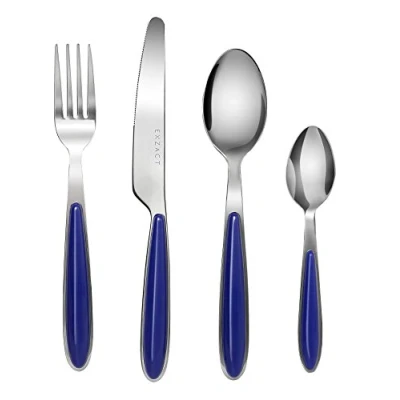 Afbeelding van EXZACT Bestek Set van 16, RVS met Kleur Handgrepen 4 Vorken, Diner Messen, Lepels, Teaspoons EX07 (Blauw x 16)