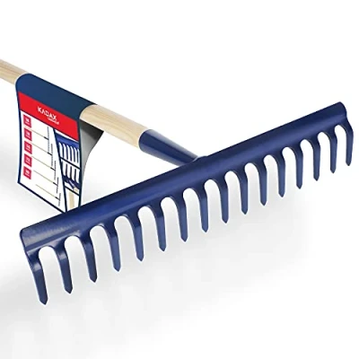 Afbeelding van KADAX hark, brede hark met versterkte kop, metalen bladhark, bladhark lange steel van hout, tuingereedschap voor wieden, bemesten, tuinhark gazon, bloemperken (16 tanden)