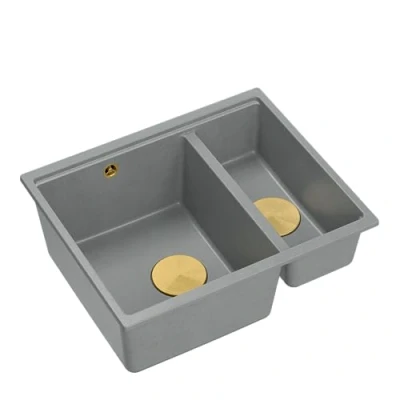 Afbeelding van Quadron Logan 150 granieten spoelbak, keukenspoelbak, afmetingen 55,5 x 46 22 cm, grijs &amp; goud, dubbele wastafel, gootsteen, kastbouw vanaf 60 cm