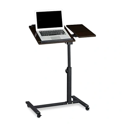 Afbeelding van Relaxdays Laptoptafel in hoogte verstelbaar HBT 95 x 60 40 cm notebook standaard ook voor linkshandigen bank tafel bijzettafel met wielen en plank muis 2 stoplatten, ebbenhout, zwart