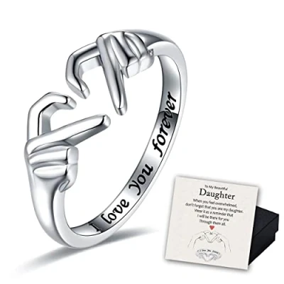 Afbeelding van oos To My Beautiful Dochter I Love You Forever Ring, S925 Sterling Hand Hartring voor Dochter, Verstelbare Vriendschap Promise Liefde Hart Ring Sieraden Geschenken Vrouwen Tiener Meisjes (Zilver)