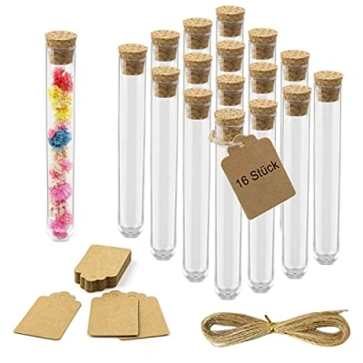 Afbeelding van 16 Reageerbuisjes met Kurk 20ml, Plastic Reageerbuizen voor Bloemen, Transparant Reageerbuisje van Kunststof, Kleine Snoep Badzout, Specerijen, Bruiloft, Gastgeschenken