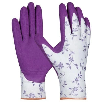 Afbeelding van Gebol Flower Purple maat XS (maat 6) tuinhandschoen voor dames in de trendy kleuren violet werkhandschoen met bloemenpatroon zachte latex coating goede grip paars 1 paar