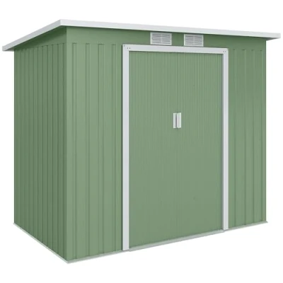 Afbeelding van Outsunny Gerätehaus 2,42 m², Gartenhaus mit Lüftungsfenster, Schiebetür, Fundament, 213 x 130 159/172 cm, Geräteschuppen aus Verzinkter Stahl, wetterfest, für Garten, Grün