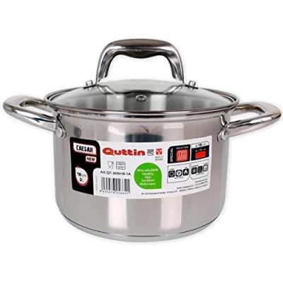 Afbeelding van Quttin New Caesar Professionele kookpan voor inductie, keuken en oven, kleine pan, roestvrij staal, anti aanbaklaag, glazen deksel handgrepen, 18 cm / 2 l