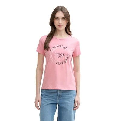 Afbeelding van TOM Tailor Denim Printed Tshirt print, Dames, Maat: Small, Light dusty pink