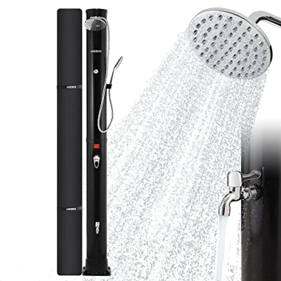 Afbeelding van Arebos Zonnedouche 40 liter, met geïntegreerde thermometer, handdouche, draaibare douchekop, voetdouche en tuinslangaansluiting, incl. montagemateriaal afdekhoes, aquastop functie, zwart