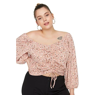 Afbeelding van Trendyol Vrouwen Plus Size Regular Smock Jurk Ronde Hals Knit Blouse, Gedroogde roos, 3XL grote maten