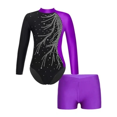 Afbeelding van Gymnastiekpak voor ballet, lange mouwen kinderen, turnpakje met shorts, danskleding meisjes, yoga overall meisjes (C