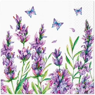 Afbeelding van 20 servetten bloemen, tuin &amp; natuur lavendel en vlinders als tafeldecoratie. Papieren met motief. Ook voor decoupage servettentechniek 33x33cm
