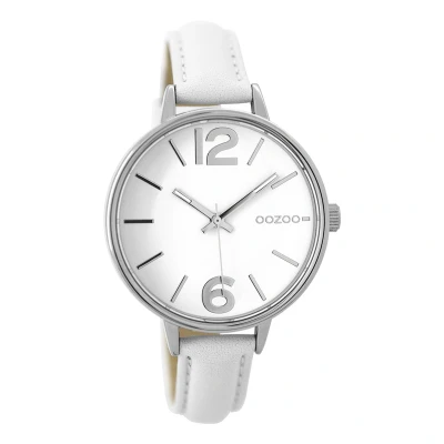Afbeelding van OOZOO Timepieces Zilverkleurige horloge met witte leren band C9480