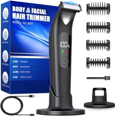 Afbeelding van Scheerapparaat voor heren, elektrisch, 100% waterdicht, bodyshaver mannen, met ledlicht, intieme zone, lichaamshaartrimmer, volledige body groomer, baardverwijderaar mannen