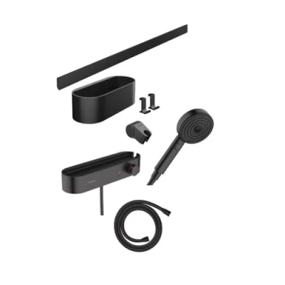 Afbeelding van hansgrohe wallstoris bundle handdouche 105 3jet ecosmart activation thermostaat glijstan mat zwart 24250670