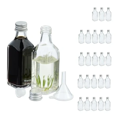 Afbeelding van Relaxdays glazen flesjes, set van 25, 50ml, mini flessen om te vullen, schroefdop &amp; kurk, shotflesje, transparant/zilver