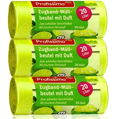 Afbeelding van Profissimo 20 liter trekkoord vuilniszakken met frisse citrusgeur 3 pack 75 zakjes (3 x 25 stuks) ideaal voor huishouden, kantoor en badkamer