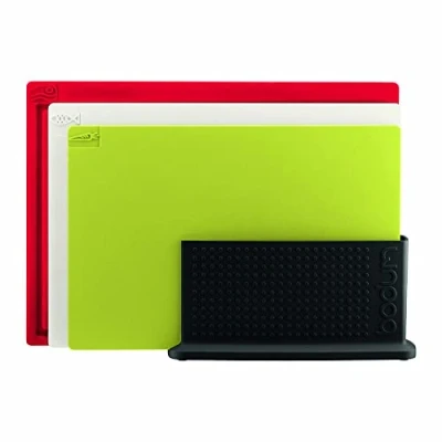 Afbeelding van Bodum Bistro Set van 3 dubbelzijdige snijplanken met houder, rood/wit/groen