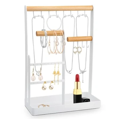 Afbeelding van Hisdricus Sieradenstandaard, sieradenopslag, ringhouder, kettingstandaard, sieradenorganizer voor halskettingen, armbanden, ringen, wit