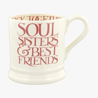 Afbeelding van Emma Bridgewater Grote mok 1/2 pint, keramische koffiemok groot aardewerk mok, cappuccino, latte, koffie, theekop mooie kopjes, verjaardagscadeau met roze lettertype Soul Sisters