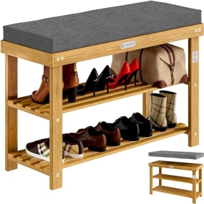 Afbeelding van Schoenbank FSC® gecertificeerd acaciahout met zitkussen 90x30x48cm