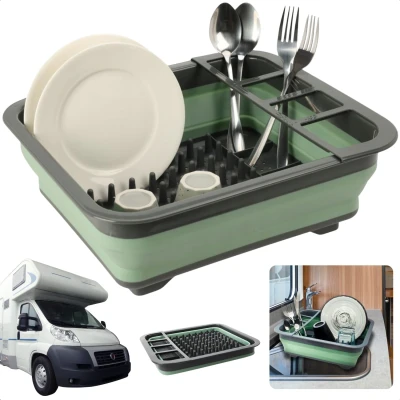 Afbeelding van Cheqo® Opvouwbaar Afdruiprek voor Camping met Lekbak Afwasrak Afwassen Compact en Ruimtebesparend Groen/Grijs