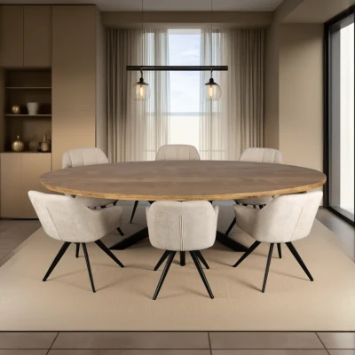 Afbeelding van Zita Home Thom Ovale eettafel 240 cm massief mangohout Zwarte metalen kruis poot