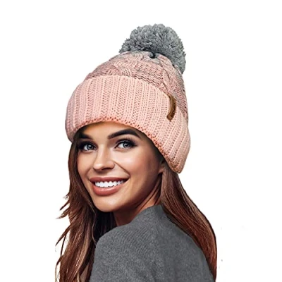 Afbeelding van RockJock STORMACTIVE 100% waterdichte dames unisex dikke ombre warme winter teddy fleece gevoerd gebreide pompom beanie hoed, Roze/Grijs, One size