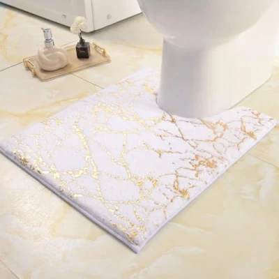 Afbeelding van QJHOMO Badmat, antislip, wasbaar, wc mat met uitsparing, wit, goudkleurig, decoratief, zachte microvezel, absorberend, 50 x cm