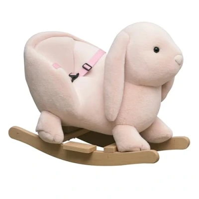 Afbeelding van HOMCOM hobbelpaard voor kinderen baby schommeldier konijn met dierengeluiden speelgoed pluche handvatten 18 36 maanden roze 60 x 33 50 cm