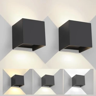 Afbeelding van 2 stuks Wandlamp Buiten/Binnen Reguleerbaar 3 kleuren LED Kubus IP65 Waterdicht Buitenlamp Buiten Vierkante Beamhoek Moderne Zwart 15W 11CM