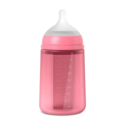 Afbeelding van Suavinex, siliconen babyfles, 240 ml, fysiologische speen van SX Pro, met anti koliek ventiel, medium stroming fles (M), voor baby&#039;s vanaf 3 maanden. Colour Essence Fuchsia