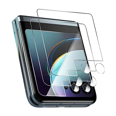 Afbeelding van GIOPUEY Gehard glas compatibel met Motorola Razr 40 Ultra, 2 pack schermbeschermer + stuks camerabescherming, 9H, zonder luchtbellen, krasbestendig (transparant A)