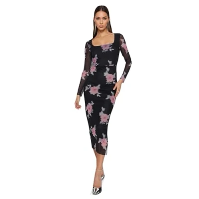Afbeelding van Trendyol Vrouwen Standaard mouw Carmen Kraag lichaamskegel Zwarte tule maxi elastische gebreide jurk met bloemen, vierkante hals en lange mouwen TWOAW24EL00291