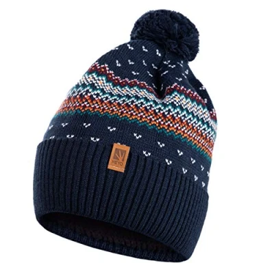 Afbeelding van HEYO H00002 Uniseks wintermuts, beanie gevoerd met fleece, warme gebreide muts Noors pompon patroon, donkerblauw, One size