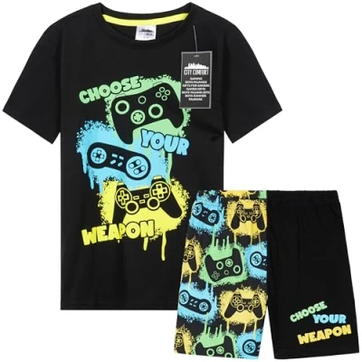 Afbeelding van CityComfort PJ&#039;s voor jongens en tieners, korte pyjamaset, loungewear, zachte nachtkleding, ademende zomernachtkleding, gamingcadeaus jongens, Zwart/Multi, 9 10 jaar
