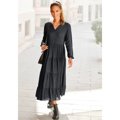 Afbeelding van Lascana Maxi jurk met all over print en volants, lange mouwen, print, casual chic