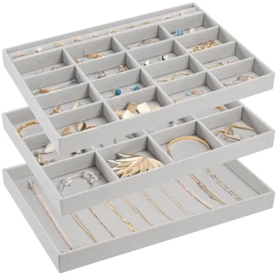 Afbeelding van ProCase Sieraden Lade Organizer voor Dames Meisjes, Set van 3 Stapelbare Organisator Display Opslag Trays Showcase Armband Oorbellen Ringen Grijs