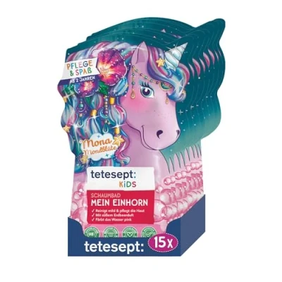 Afbeelding van tetesept Kinderbadplezier, schuimbad &quot;Mijn eenhoorn&quot;, verzorgend badadditief voor kinderen met fruitige aardbeiengeur, 2 verschillende designs in gemengde doos, verpakking van 15 stuks (15 x 40 ml)