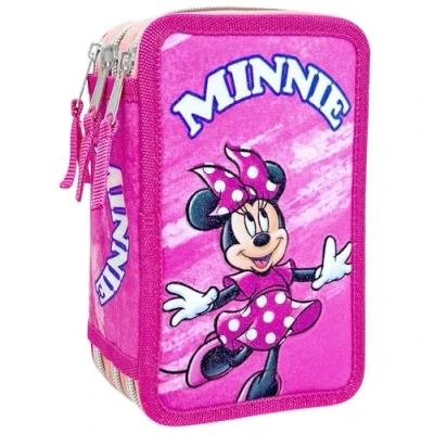 Afbeelding van Clondo Pennenetui 3D 3 vakken voor kinderen, drievoudig gevuld, 44 accessoires de basisschool, ritssluitingen, 20 cm, liniaal, kleurpotloden, viltstiften, Minnie 25, pennenhouder