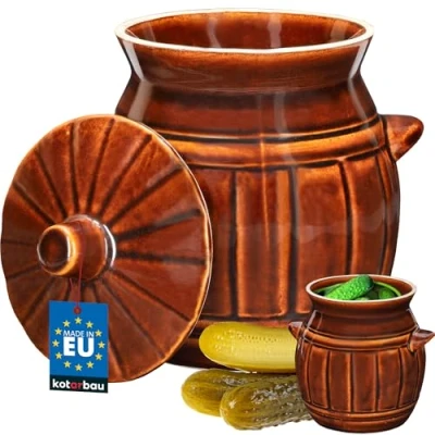 Afbeelding van KOTARBAU® Keramische fermentatiepot, 2,7 liter, bruin, komkommerpan met deksel, zuurkoolpot van aardewerk, inmaakpot, aardewerk