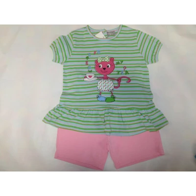 Afbeelding van Wiplala Zomer pyjama Meisje Streep groen / roze Poesje 6 jaar 116