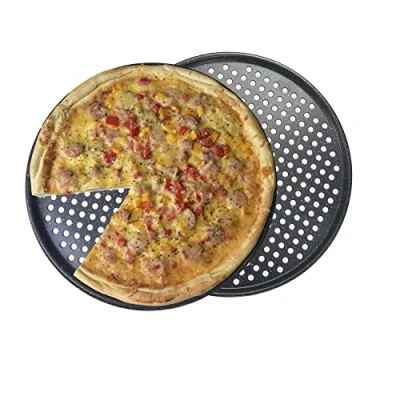 Afbeelding van Pizzaplaat 36 cm rond en geperforeerd, set van 2, geperforeerde anti aanbakpizzapan koolstofstaal, pizzaform